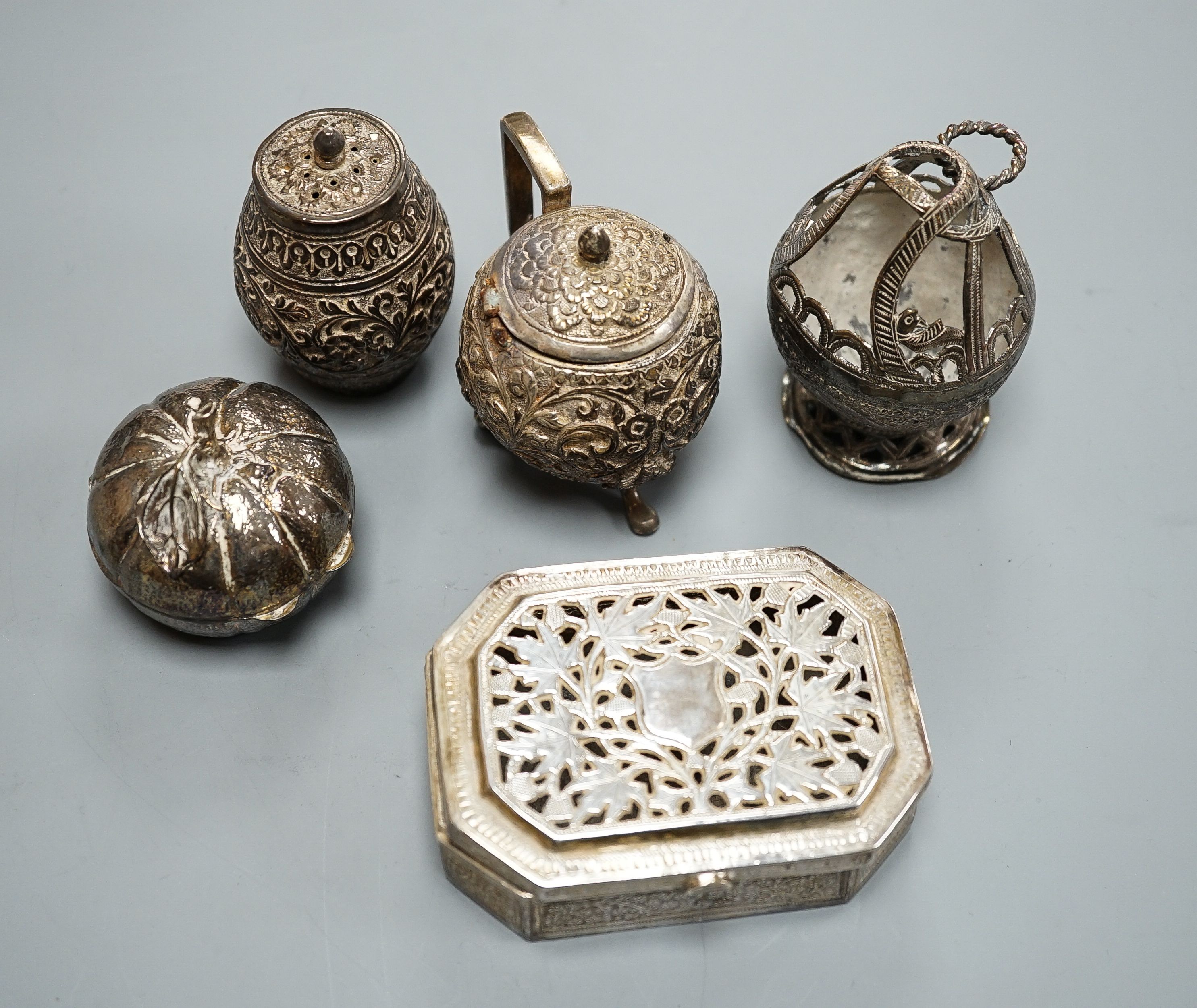 Two Indian white metal condiments and three other continental items including box with hinged cover.